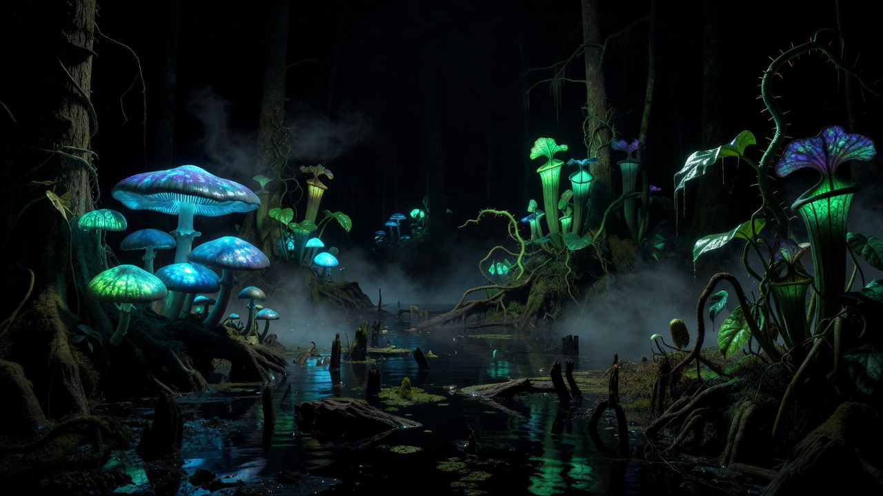 Bioluminescent plants glowing inside dense darkness of magical swamp