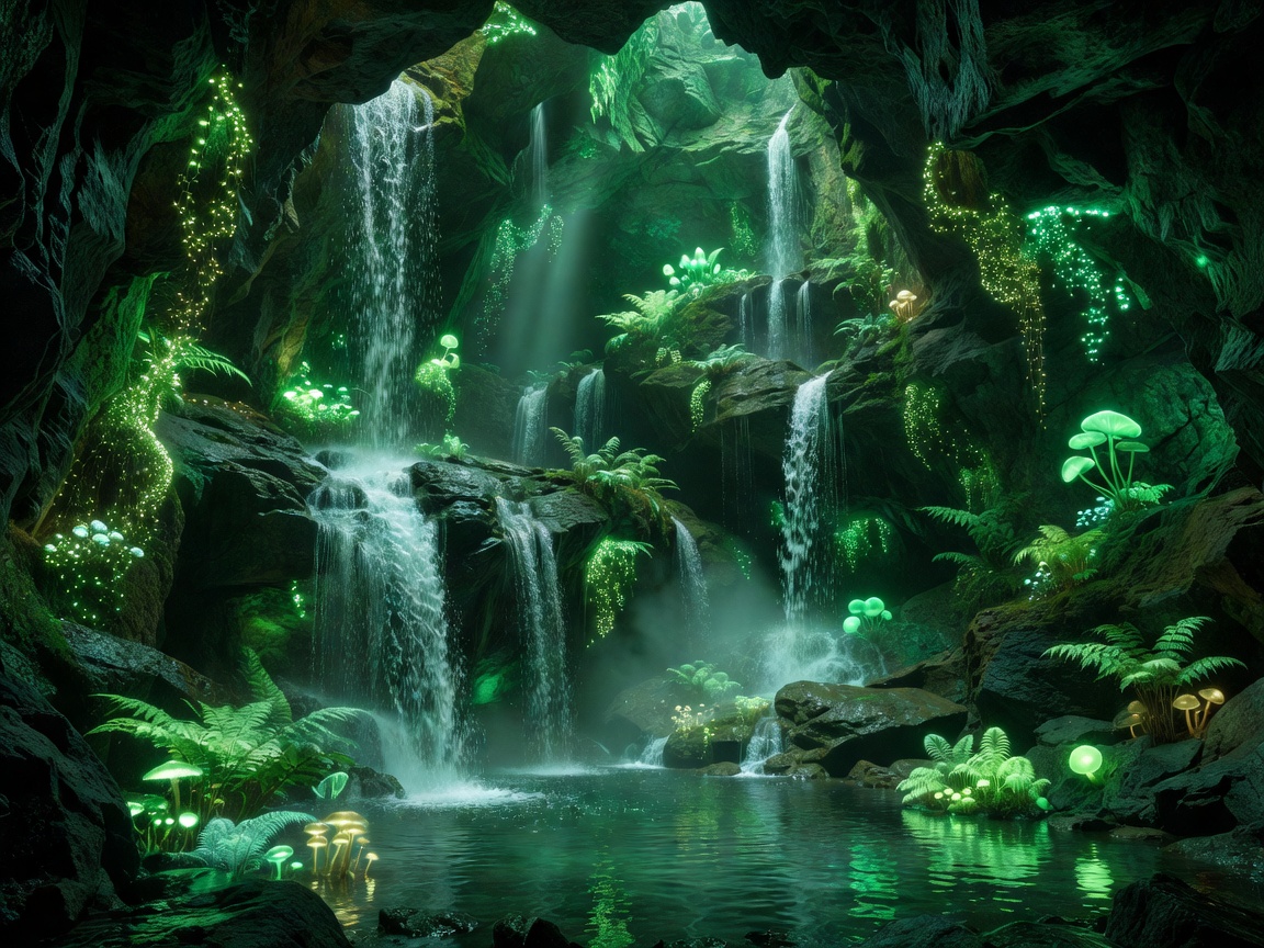 Green illuminated cave and water streams highlighting glowing flora