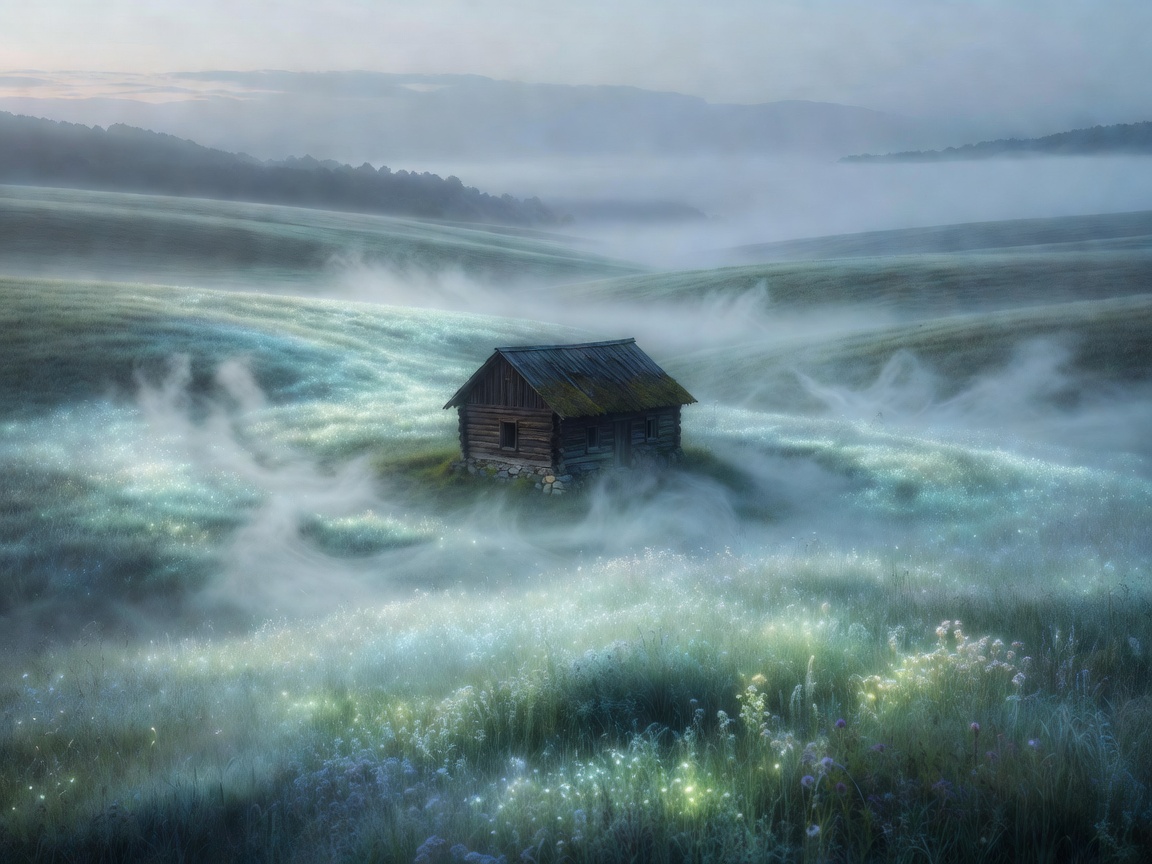Misty valley with a solitary cabin at the center of glowing fields