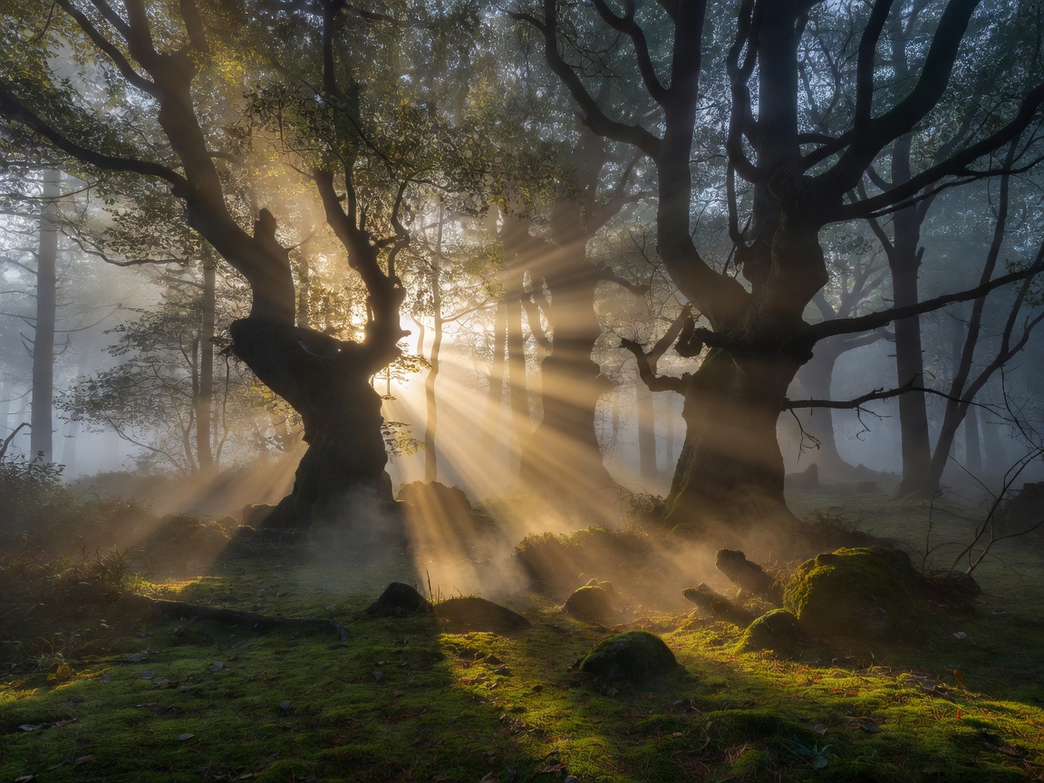 Mysterious forest beams entering early morning fog