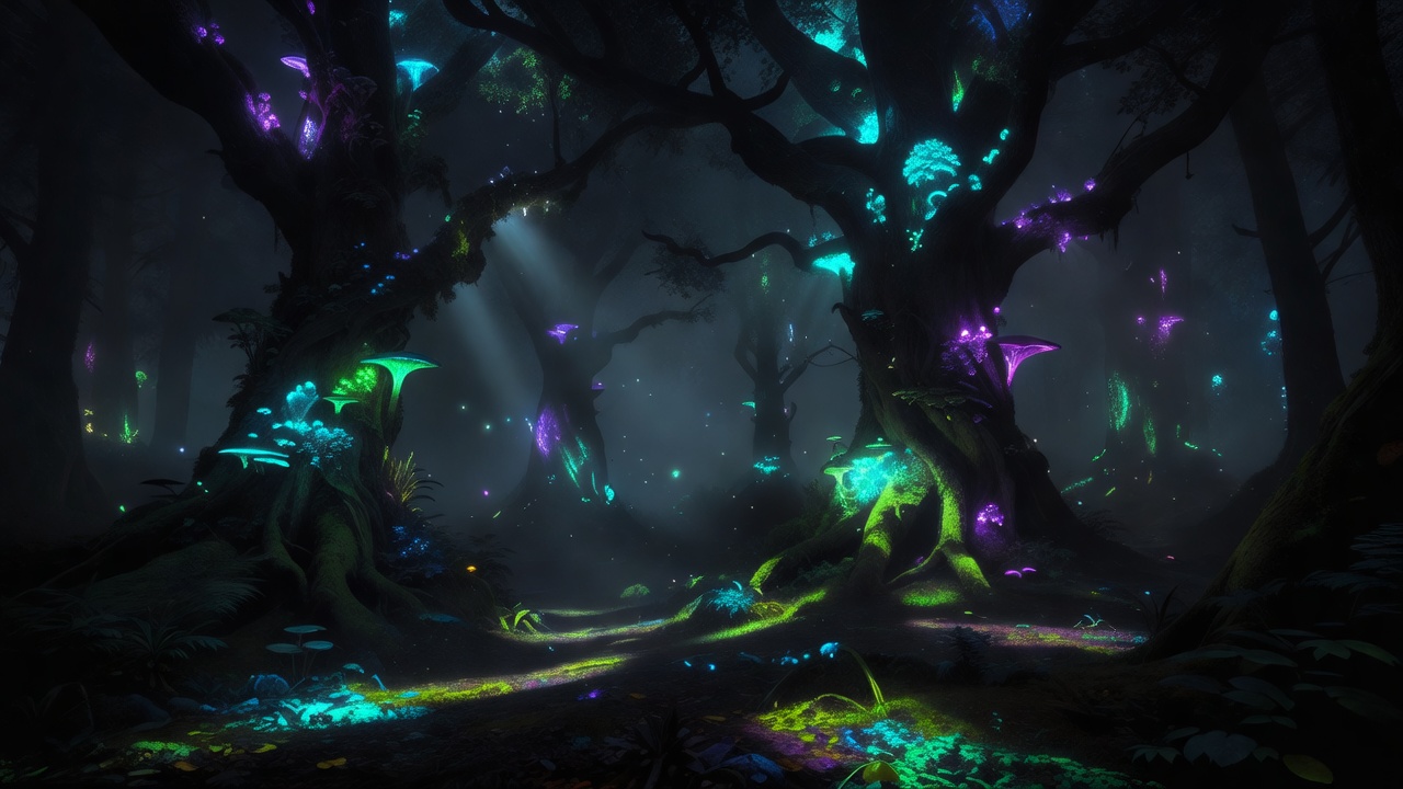 Mysterious neon glowing trees inside deep forest realm